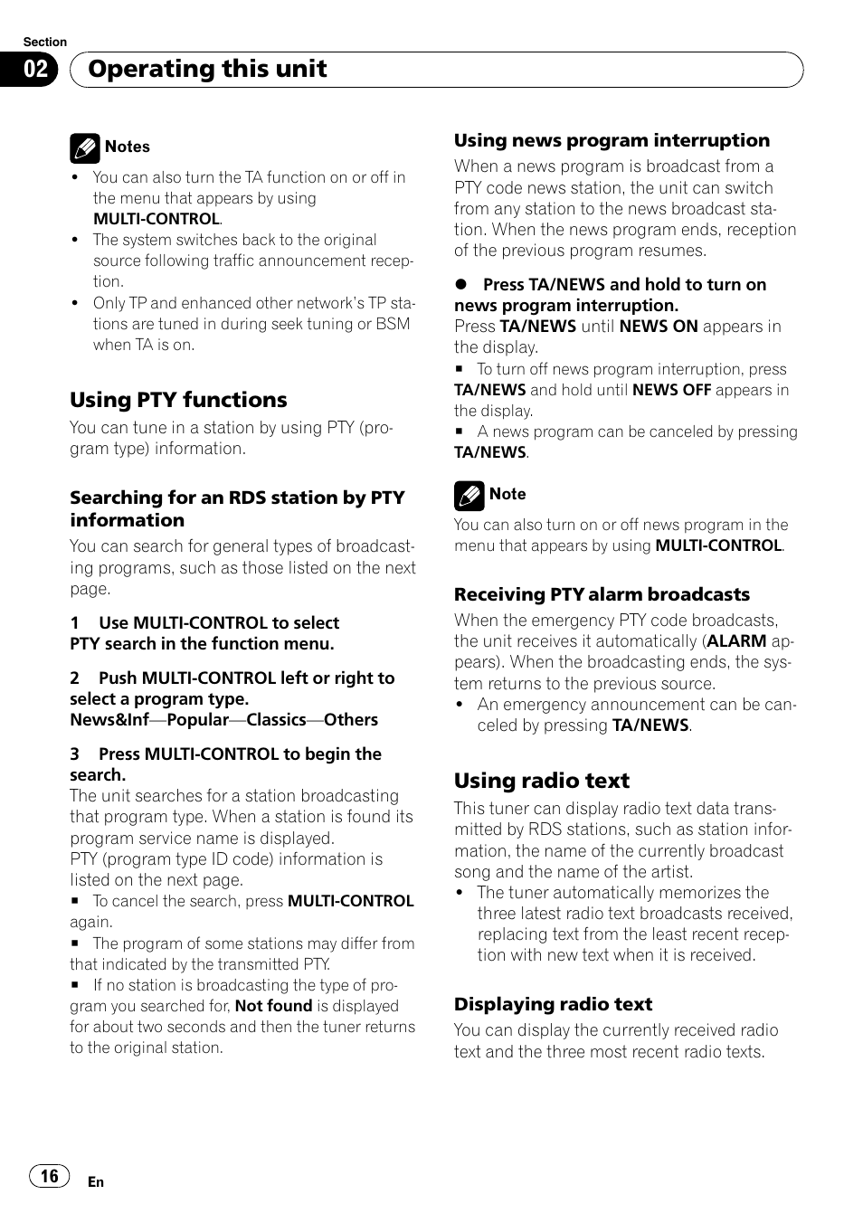 Using pty functions 16, Using radio text 16, Operating this unit | Using pty functions, Using radio text | Pioneer DEH-P85BT User Manual | Page 16 / 144