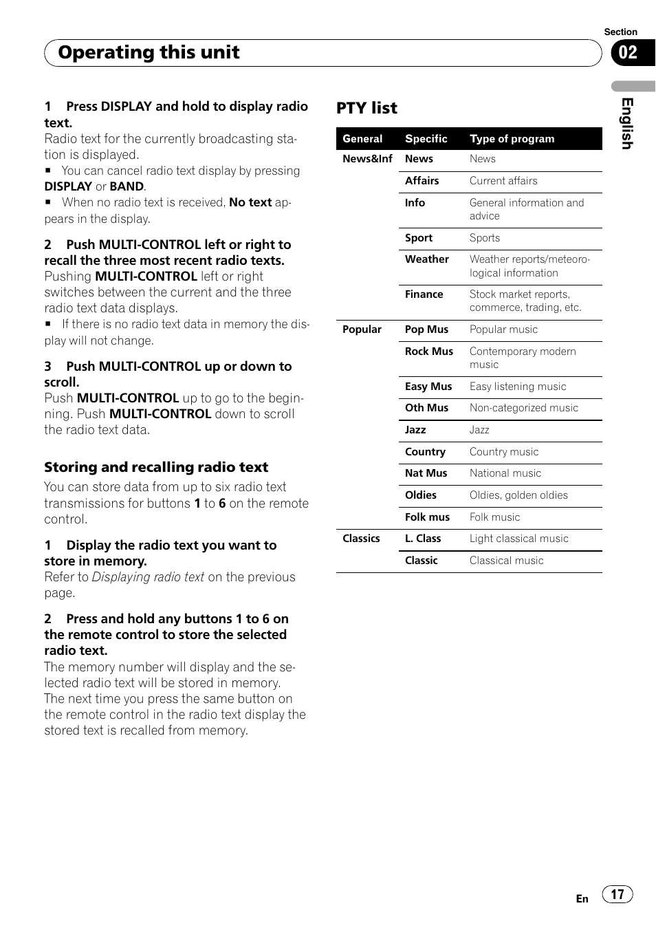 Pty list 17, Operating this unit, Pty list | English | Pioneer DEH-P85BT User Manual | Page 17 / 144
