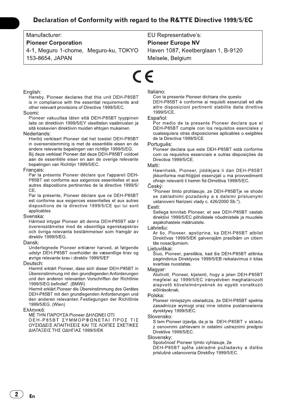 Pioneer DEH-P85BT User Manual | Page 2 / 144