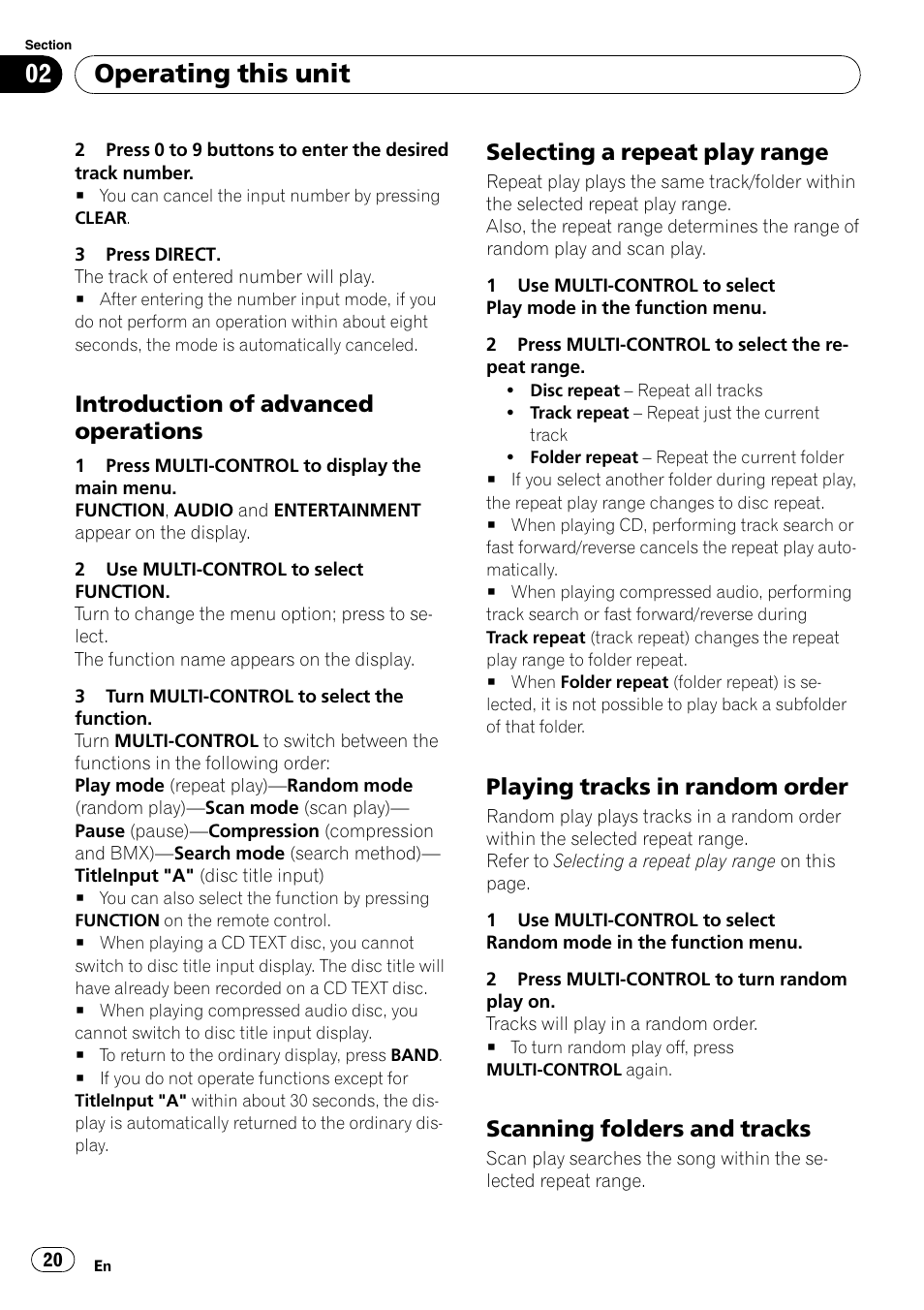 Introduction of advanced, Operations, Selecting a repeat play range 20 | Playing tracks in random order 20, Scanning folders and tracks 20, Operating this unit, Introduction of advanced operations, Selecting a repeat play range, Playing tracks in random order, Scanning folders and tracks | Pioneer DEH-P85BT User Manual | Page 20 / 144