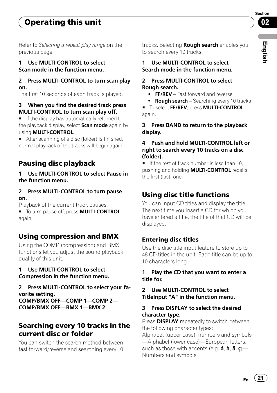 Pausing disc playback 21, Using compression and bmx 21, Searching every 10 tracks in the current | Disc or folder, Using disc title functions 21, Operating this unit, Pausing disc playback, Using compression and bmx, Using disc title functions | Pioneer DEH-P85BT User Manual | Page 21 / 144