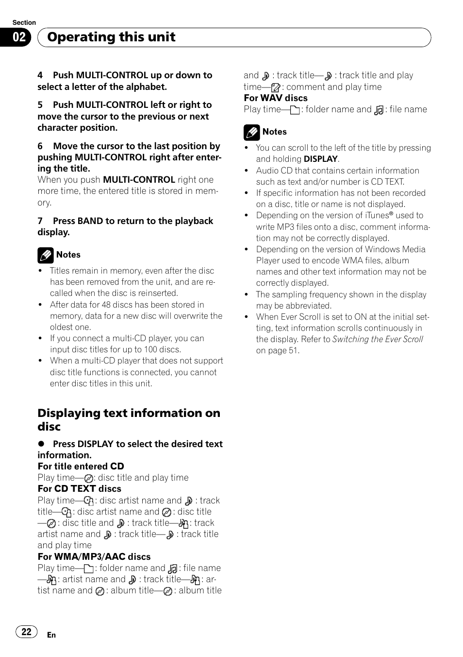 Displaying text information on disc 22, Operating this unit, Displaying text information on disc | Pioneer DEH-P85BT User Manual | Page 22 / 144