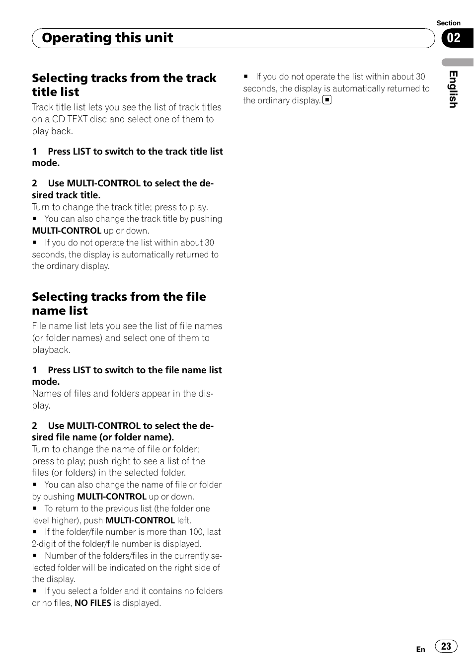 Selecting tracks from the track title, List, Selecting tracks from the file name | Operating this unit, Selecting tracks from the track title list, Selecting tracks from the file name list | Pioneer DEH-P85BT User Manual | Page 23 / 144
