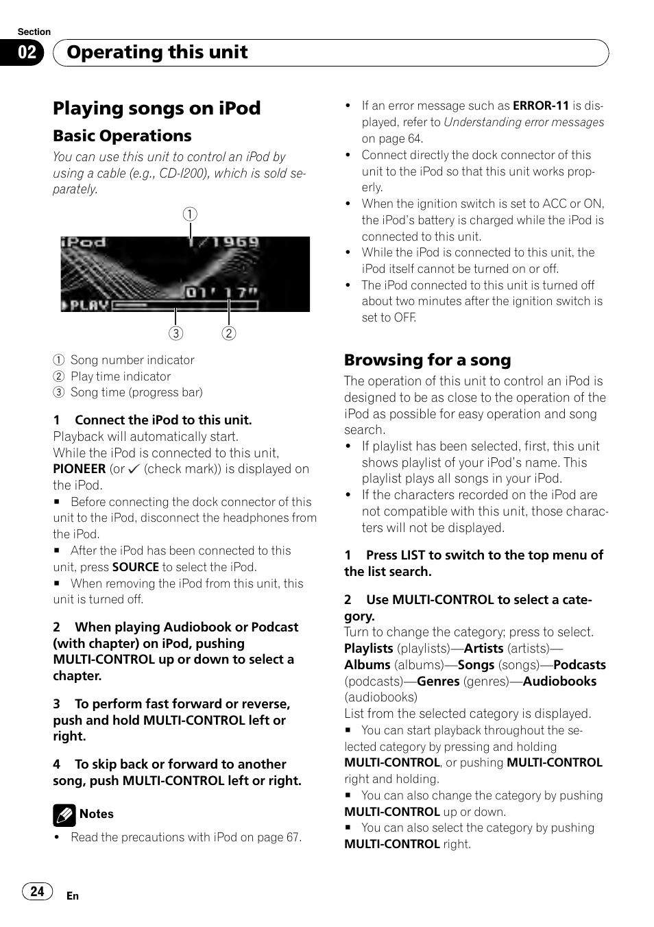 Playing songs on ipod, Basic operations 24, Browsing for a song 24 | Operating this unit, Basic operations, Browsing for a song | Pioneer DEH-P85BT User Manual | Page 24 / 144