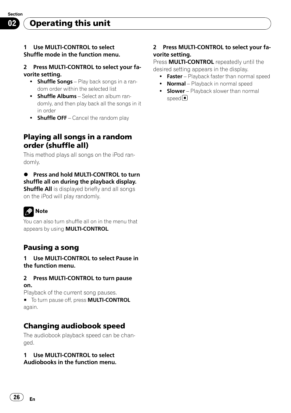 Playing all songs in a random order, Shuffle all), Pausing a song 26 | Changing audiobook speed 26, Operating this unit, Playing all songs in a random order (shuffle all), Pausing a song, Changing audiobook speed | Pioneer DEH-P85BT User Manual | Page 26 / 144