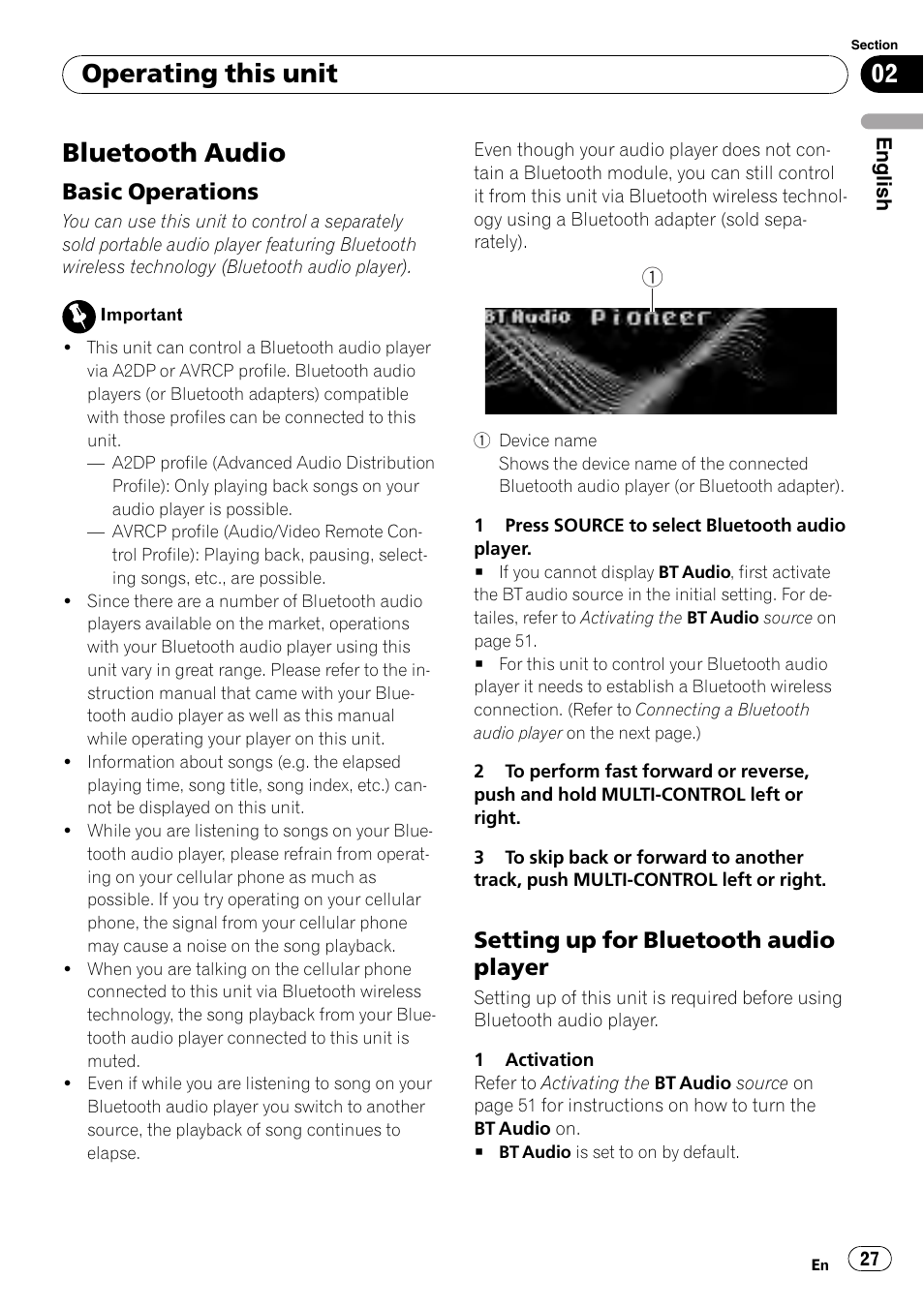 Bluetooth audio, Basic operations 27, Setting up for bluetooth audio | Player, Operating this unit, Basic operations, Setting up for bluetooth audio player | Pioneer DEH-P85BT User Manual | Page 27 / 144