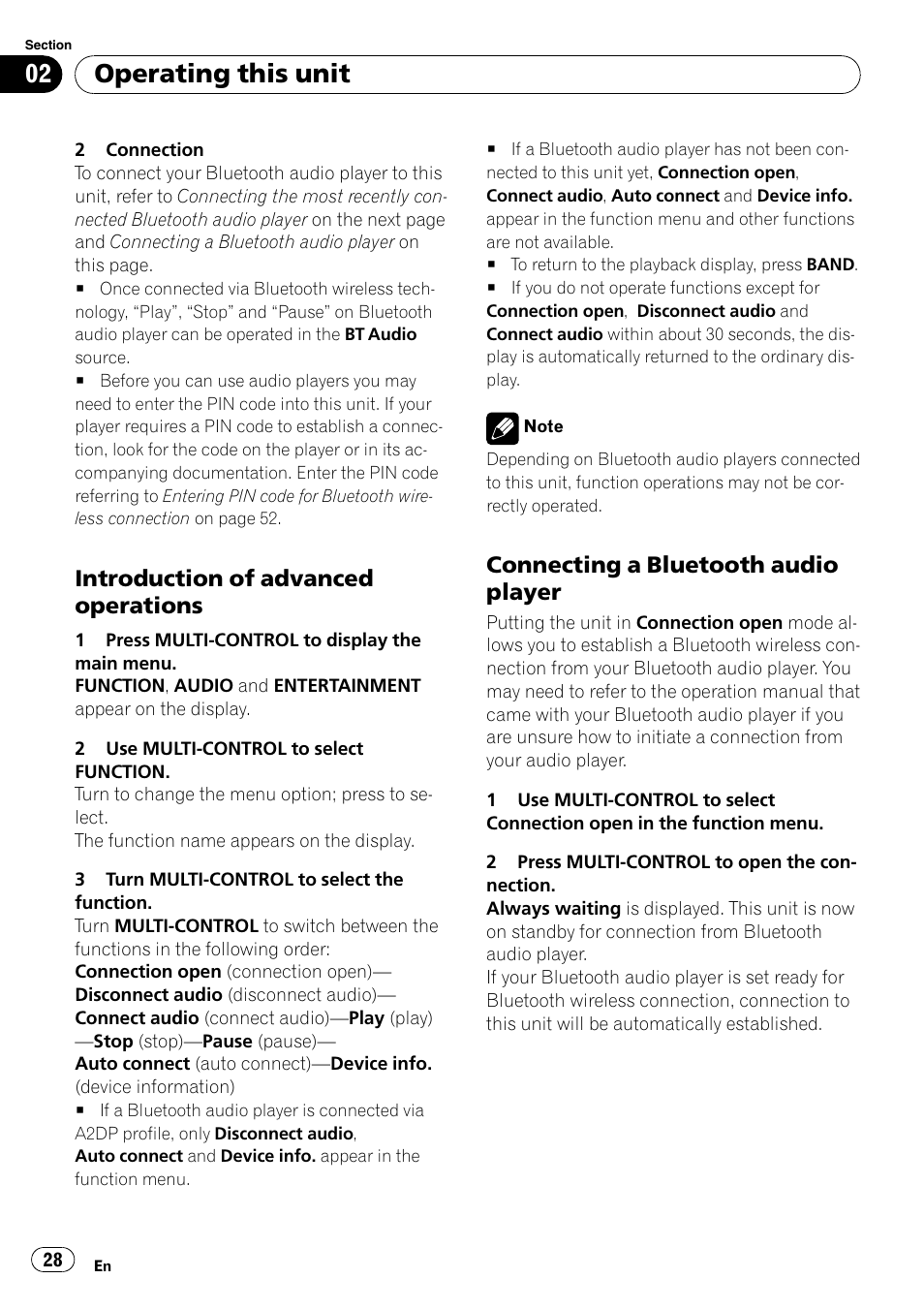Introduction of advanced, Operations, Connecting a bluetooth audio | Player, Operating this unit, Introduction of advanced operations, Connecting a bluetooth audio player | Pioneer DEH-P85BT User Manual | Page 28 / 144