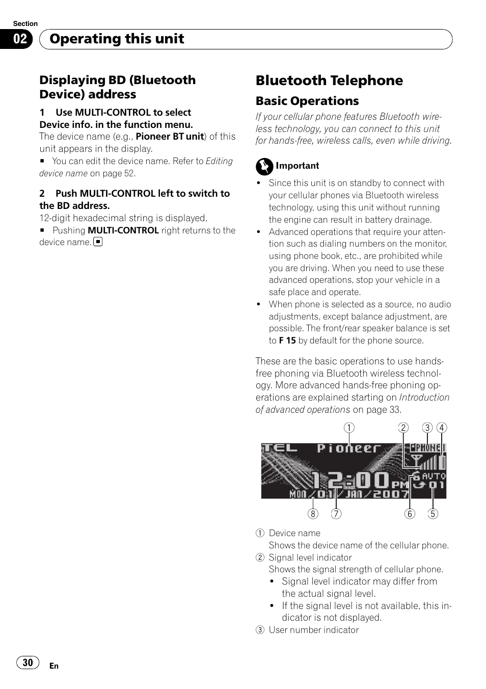 Displaying bd (bluetooth device), Address, Bluetooth telephone | Basic operations 30, Operating this unit, Displaying bd (bluetooth device) address, Basic operations | Pioneer DEH-P85BT User Manual | Page 30 / 144