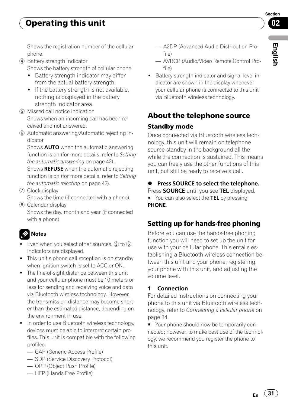 About the telephone source 31, Setting up for hands-free phoning 31, Operating this unit | About the telephone source, Setting up for hands-free phoning | Pioneer DEH-P85BT User Manual | Page 31 / 144