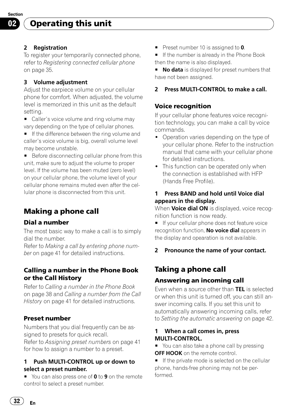 Making a phone call 32, Taking a phone call 32, Operating this unit | Making a phone call, Taking a phone call | Pioneer DEH-P85BT User Manual | Page 32 / 144