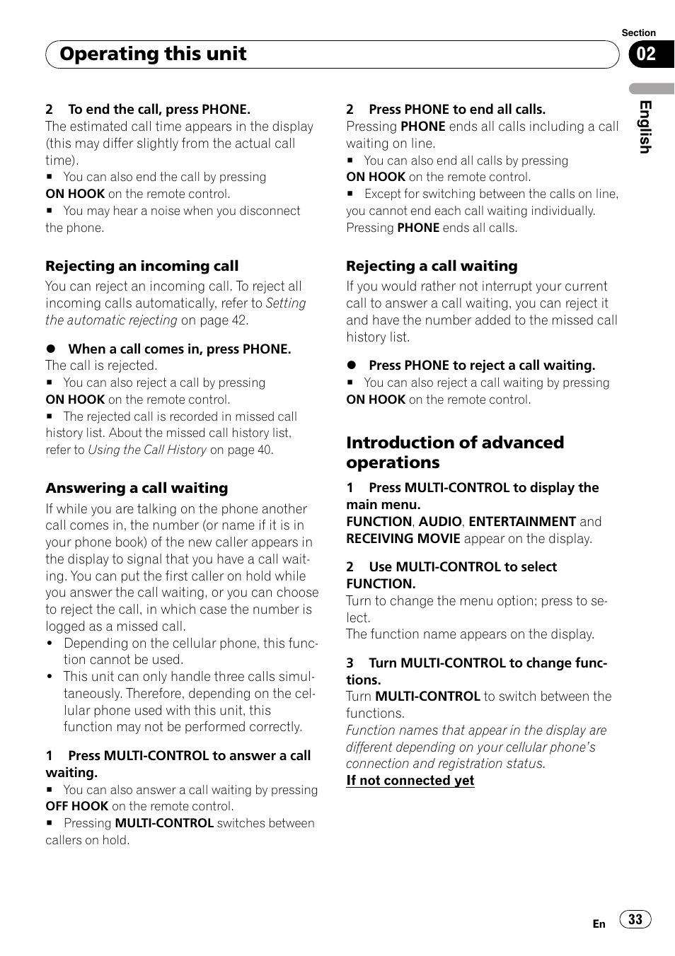 Introduction of advanced, Operations, Operating this unit | Introduction of advanced operations | Pioneer DEH-P85BT User Manual | Page 33 / 144