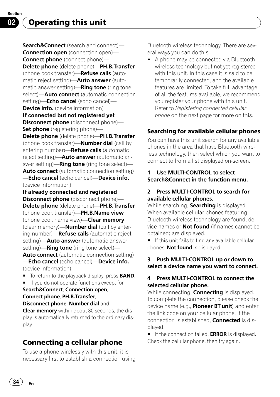 Connecting a cellular phone 34, Operating this unit, Connecting a cellular phone | Pioneer DEH-P85BT User Manual | Page 34 / 144