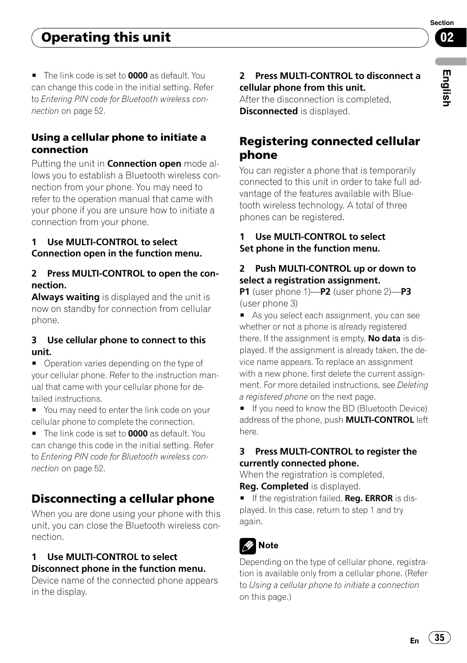 Disconnecting a cellular phone 35, Registering connected cellular, Phone | Operating this unit, Disconnecting a cellular phone, Registering connected cellular phone | Pioneer DEH-P85BT User Manual | Page 35 / 144