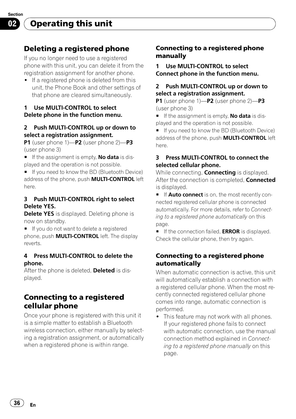 Deleting a registered phone 36, Connecting to a registered cellular, Phone | Operating this unit, Deleting a registered phone, Connecting to a registered cellular phone | Pioneer DEH-P85BT User Manual | Page 36 / 144
