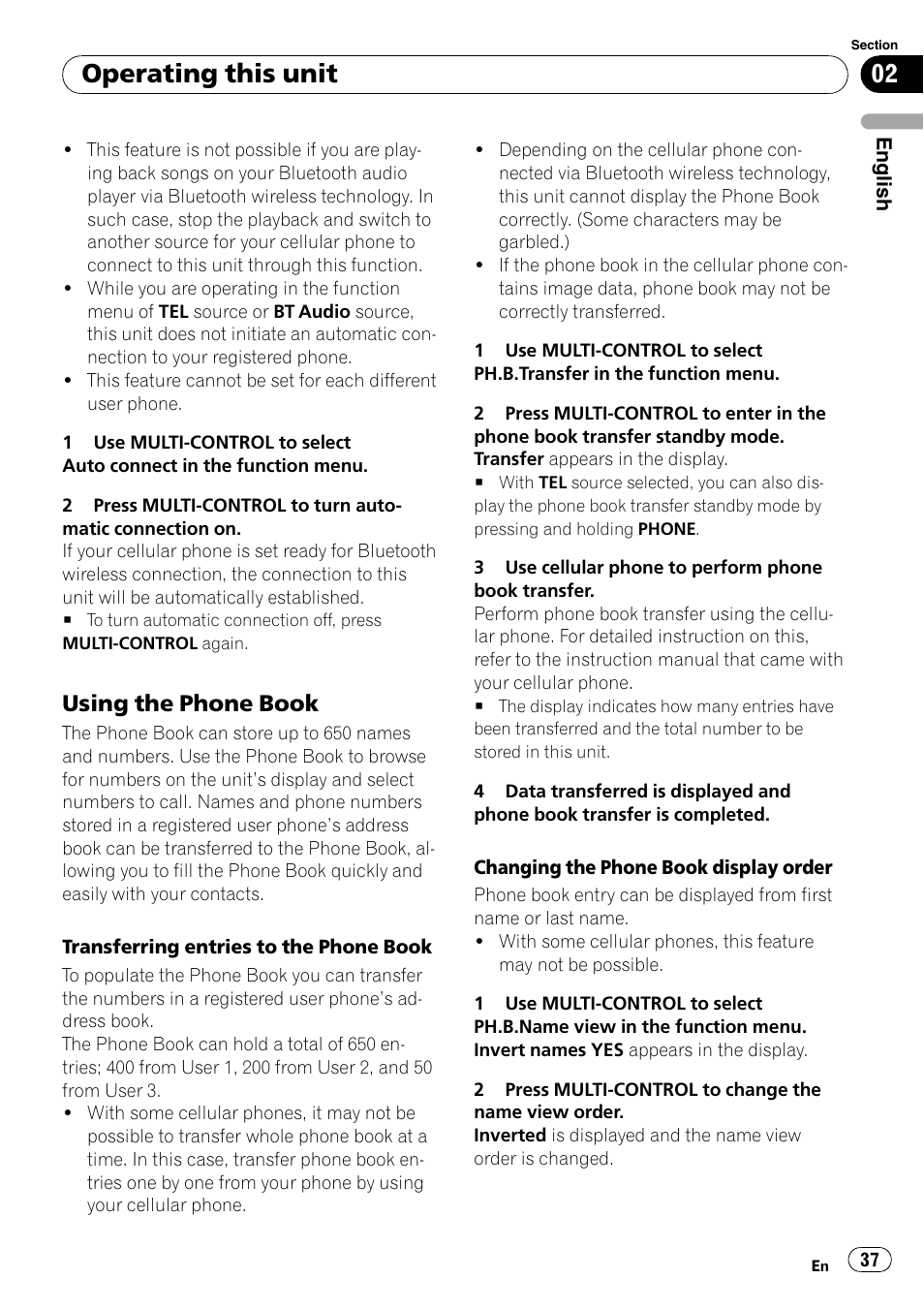 Using the phone book 37, Operating this unit, Using the phone book | Pioneer DEH-P85BT User Manual | Page 37 / 144