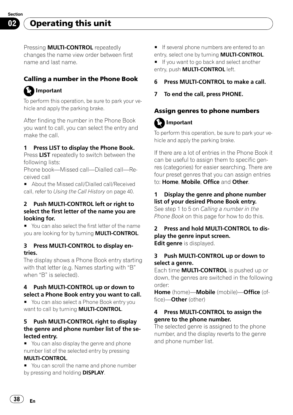 Operating this unit | Pioneer DEH-P85BT User Manual | Page 38 / 144