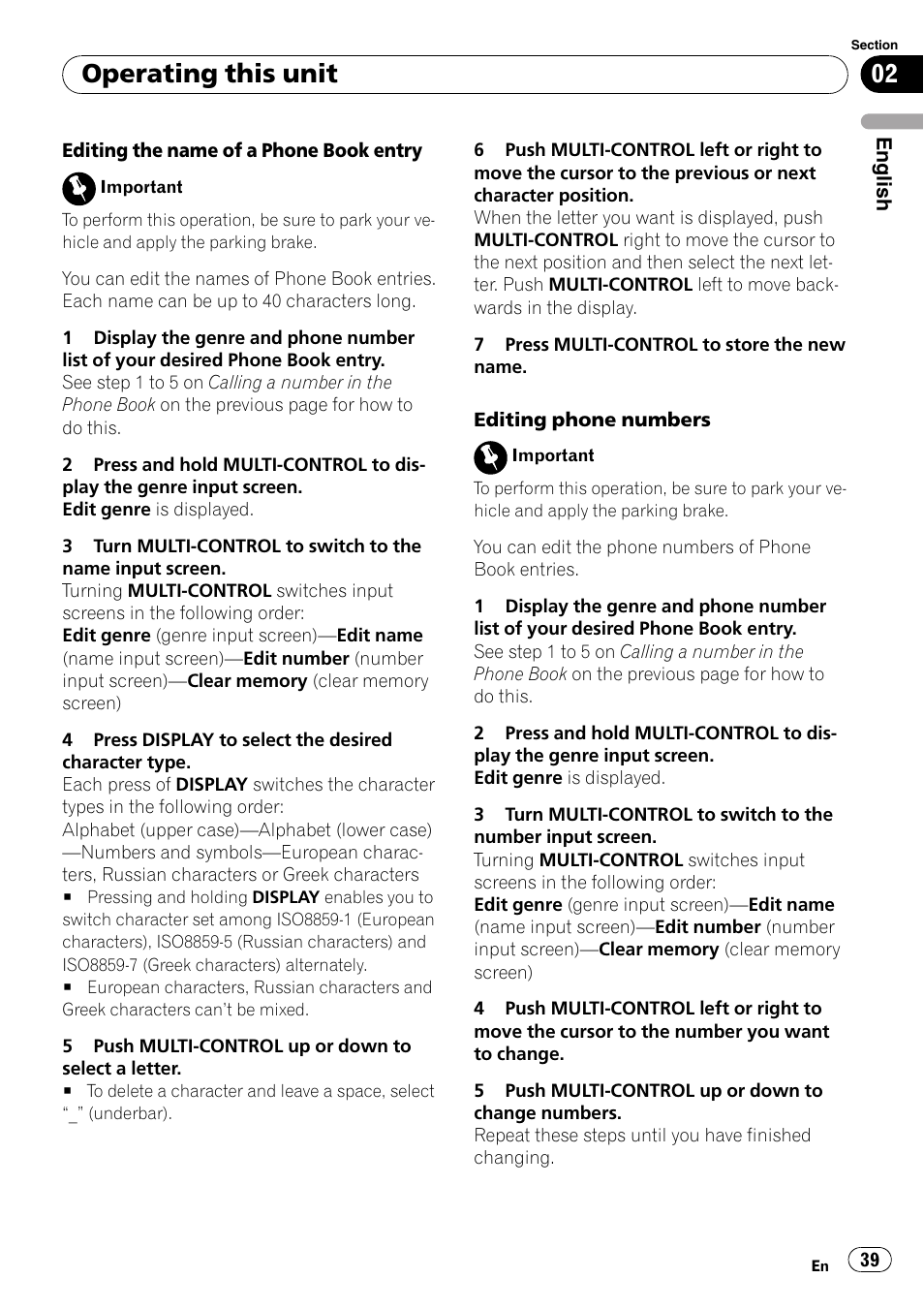 Operating this unit | Pioneer DEH-P85BT User Manual | Page 39 / 144