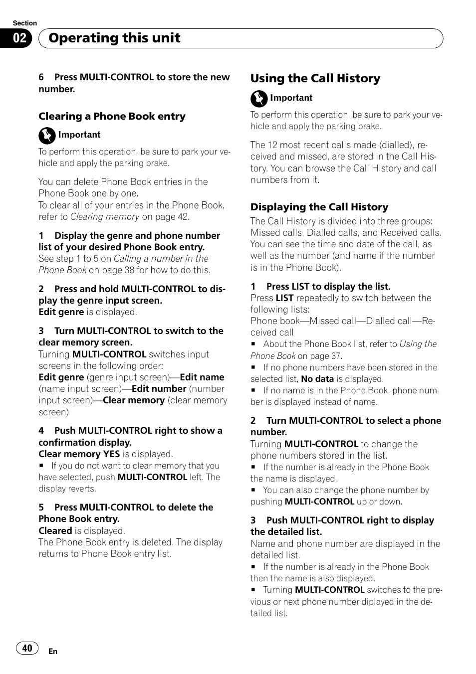 Using the call history 40, Operating this unit, Using the call history | Pioneer DEH-P85BT User Manual | Page 40 / 144