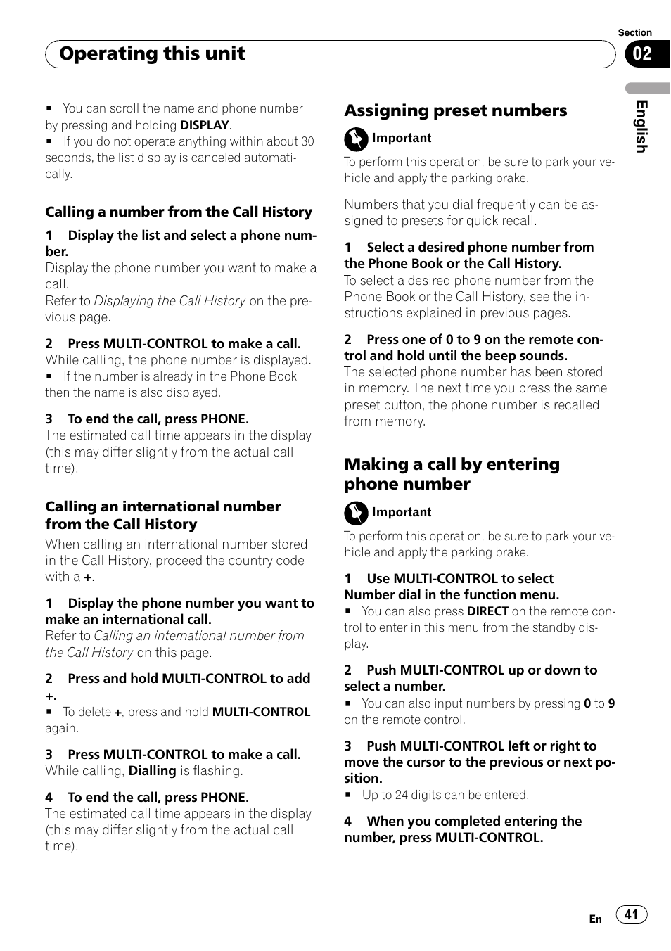 Assigning preset numbers 41, Making a call by entering phone, Number | Operating this unit, Assigning preset numbers, Making a call by entering phone number | Pioneer DEH-P85BT User Manual | Page 41 / 144