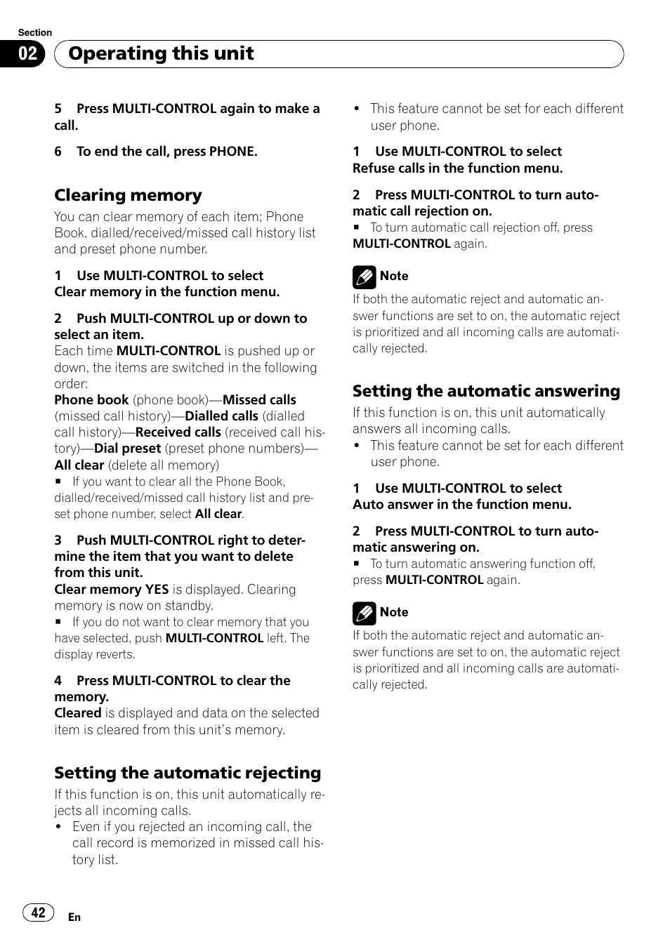 Clearing memory 42, Setting the automatic rejecting 42, Setting the automatic answering 42 | Operating this unit, Setting the automatic rejecting, Setting the automatic answering | Pioneer DEH-P85BT User Manual | Page 42 / 144