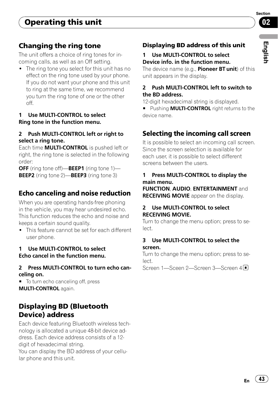 Changing the ring tone 43, Echo canceling and noise, Reduction | Displaying bd (bluetooth device), Address, Selecting the incoming call screen 43, Operating this unit, Changing the ring tone, Echo canceling and noise reduction, Displaying bd (bluetooth device) address | Pioneer DEH-P85BT User Manual | Page 43 / 144