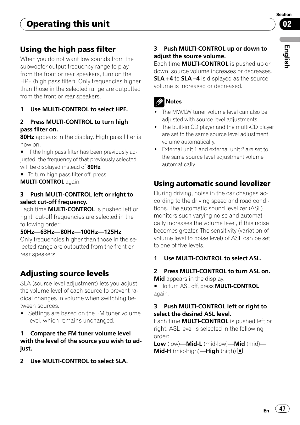 Using the high pass filter 47, Adjusting source levels 47, Using automatic sound levelizer 47 | Operating this unit, Using the high pass filter, Adjusting source levels, Using automatic sound levelizer | Pioneer DEH-P85BT User Manual | Page 47 / 144