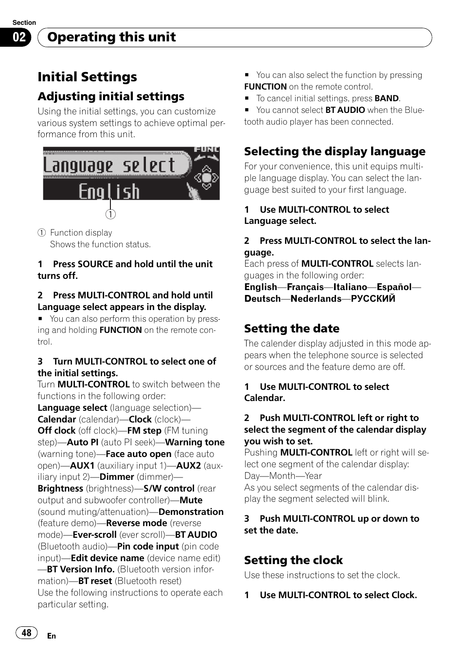 Initial settings, Adjusting initial settings 48, Selecting the display language 48 | Setting the date 48, Setting the clock 48, Operating this unit, Adjusting initial settings, Selecting the display language, Setting the date, Setting the clock | Pioneer DEH-P85BT User Manual | Page 48 / 144