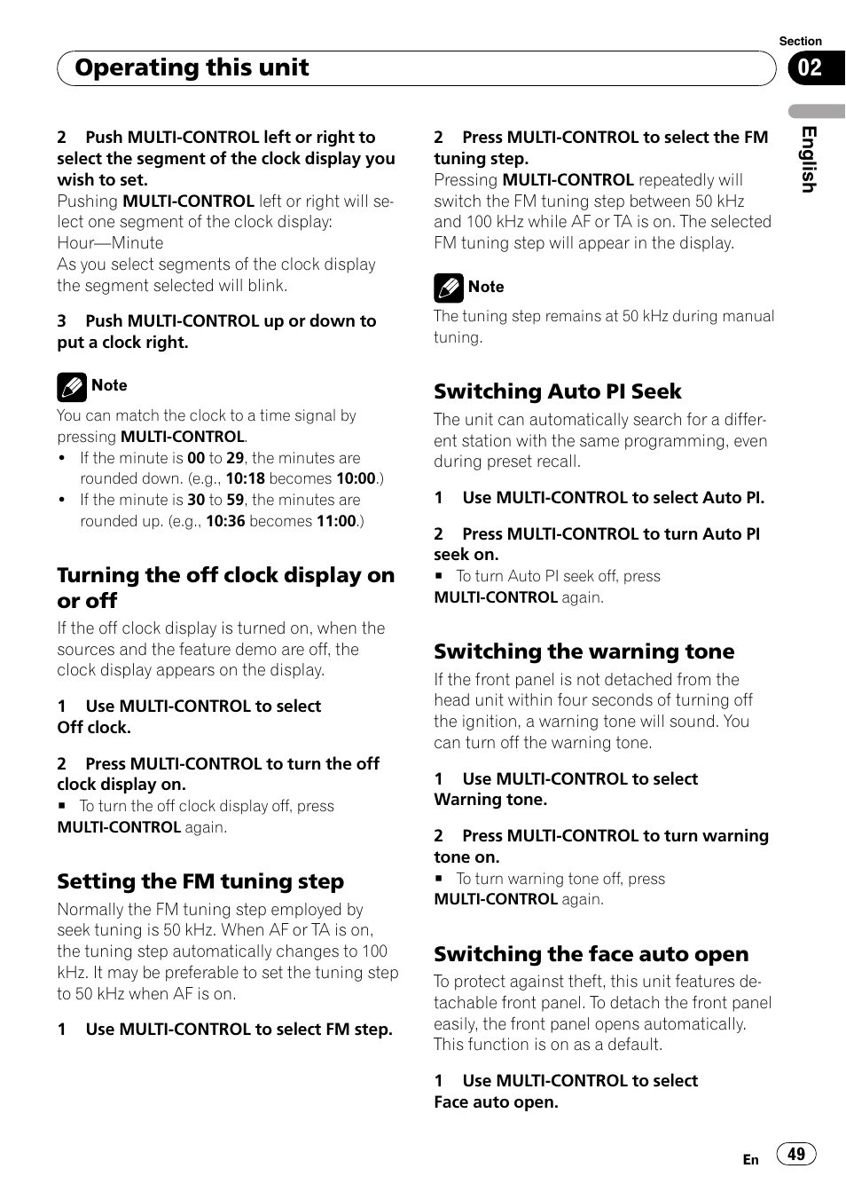 Turning the off clock display on or, Setting the fm tuning step 49, Switching auto pi seek 49 | Switching the warning tone 49, Switching the face auto open 49, Operating this unit, Turning the off clock display on or off, Setting the fm tuning step, Switching auto pi seek, Switching the warning tone | Pioneer DEH-P85BT User Manual | Page 49 / 144