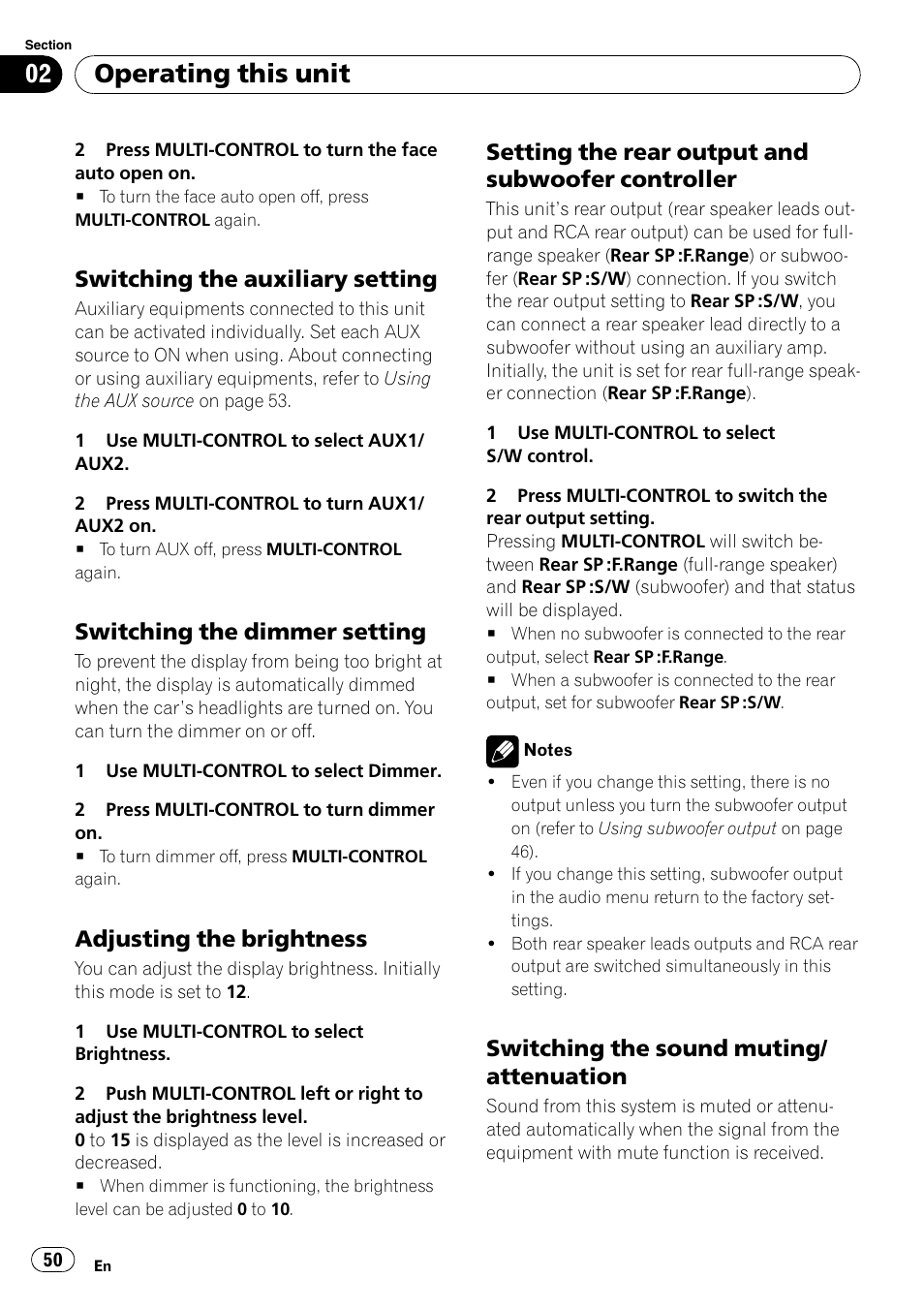 Switching the auxiliary setting 50, Switching the dimmer setting 50, Adjusting the brightness 50 | Setting the rear output and subwoofer, Controller, Switching the sound muting, Attenuation, Operating this unit, Switching the auxiliary setting, Switching the dimmer setting | Pioneer DEH-P85BT User Manual | Page 50 / 144