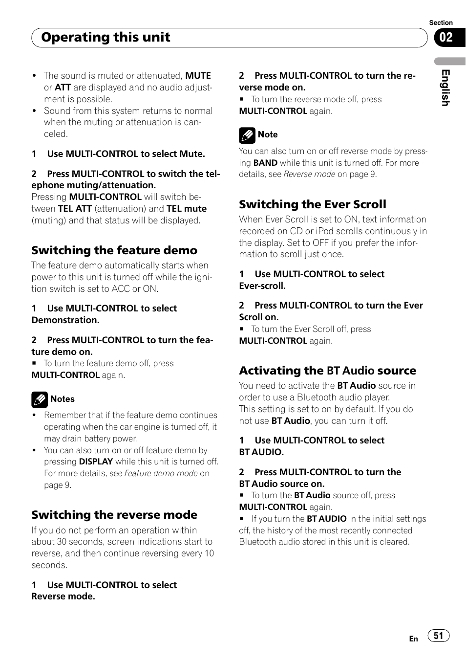 Switching the feature demo 51, Switching the reverse mode 51, Switching the ever scroll 51 | Activating the bt audio source 51, Activating the, Bt audio source on, Operating this unit, Switching the feature demo, Switching the reverse mode, Switching the ever scroll | Pioneer DEH-P85BT User Manual | Page 51 / 144