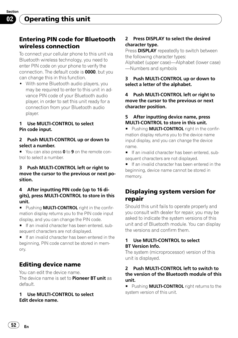Entering pin code for bluetooth, Wireless connection, Editing device name 52 | Displaying system version for, Repair, Operating this unit, Editing device name, Displaying system version for repair | Pioneer DEH-P85BT User Manual | Page 52 / 144