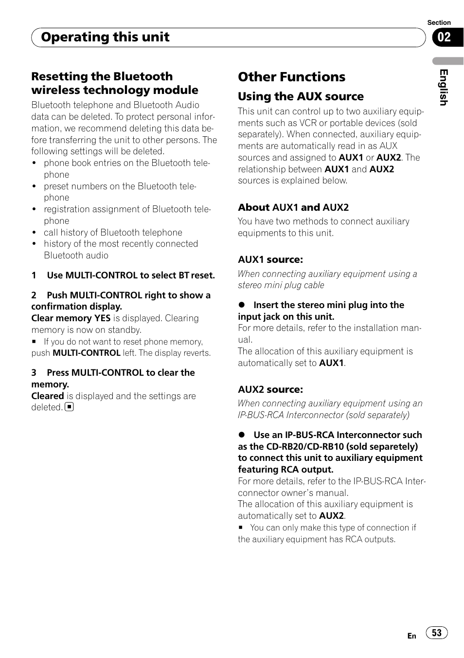 Resetting the bluetooth wireless, Technology module, Other functions | Using the aux source 53, Operating this unit, Resetting the bluetooth wireless technology module, Using the aux source | Pioneer DEH-P85BT User Manual | Page 53 / 144