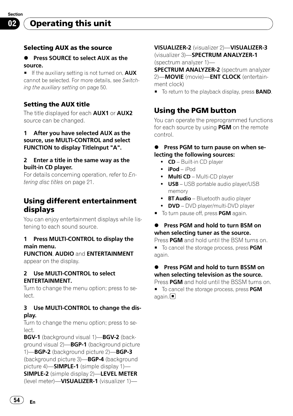 Using different entertainment, Displays, Using the pgm button 54 | Operating this unit, Using different entertainment displays, Using the pgm button | Pioneer DEH-P85BT User Manual | Page 54 / 144