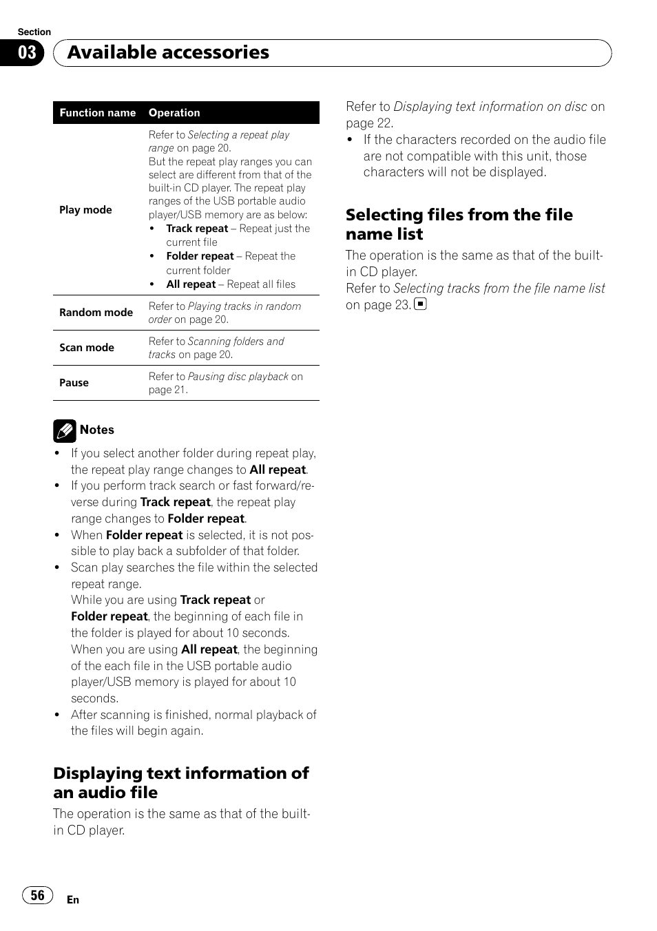 Displaying text information of an audio, File, Selecting files from the file name | List, Available accessories, Displaying text information of an audio file, Selecting files from the file name list | Pioneer DEH-P85BT User Manual | Page 56 / 144