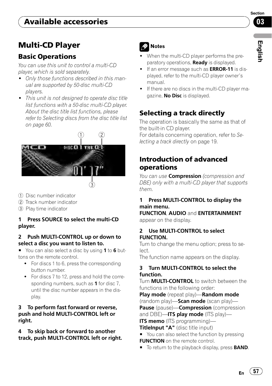 Multi-cd player, Basic operations 57, Selecting a track directly 57 | Introduction of advanced, Operations, Available accessories, Basic operations, Selecting a track directly, Introduction of advanced operations | Pioneer DEH-P85BT User Manual | Page 57 / 144