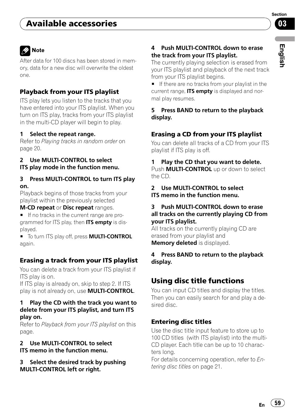 Using disc title functions 59, Available accessories, Using disc title functions | Pioneer DEH-P85BT User Manual | Page 59 / 144
