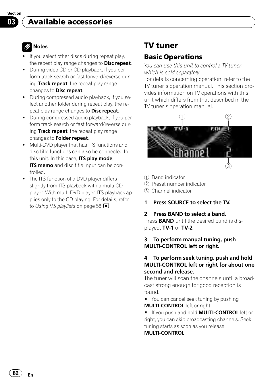 Tv tuner, Basic operations 62, Available accessories | Basic operations | Pioneer DEH-P85BT User Manual | Page 62 / 144