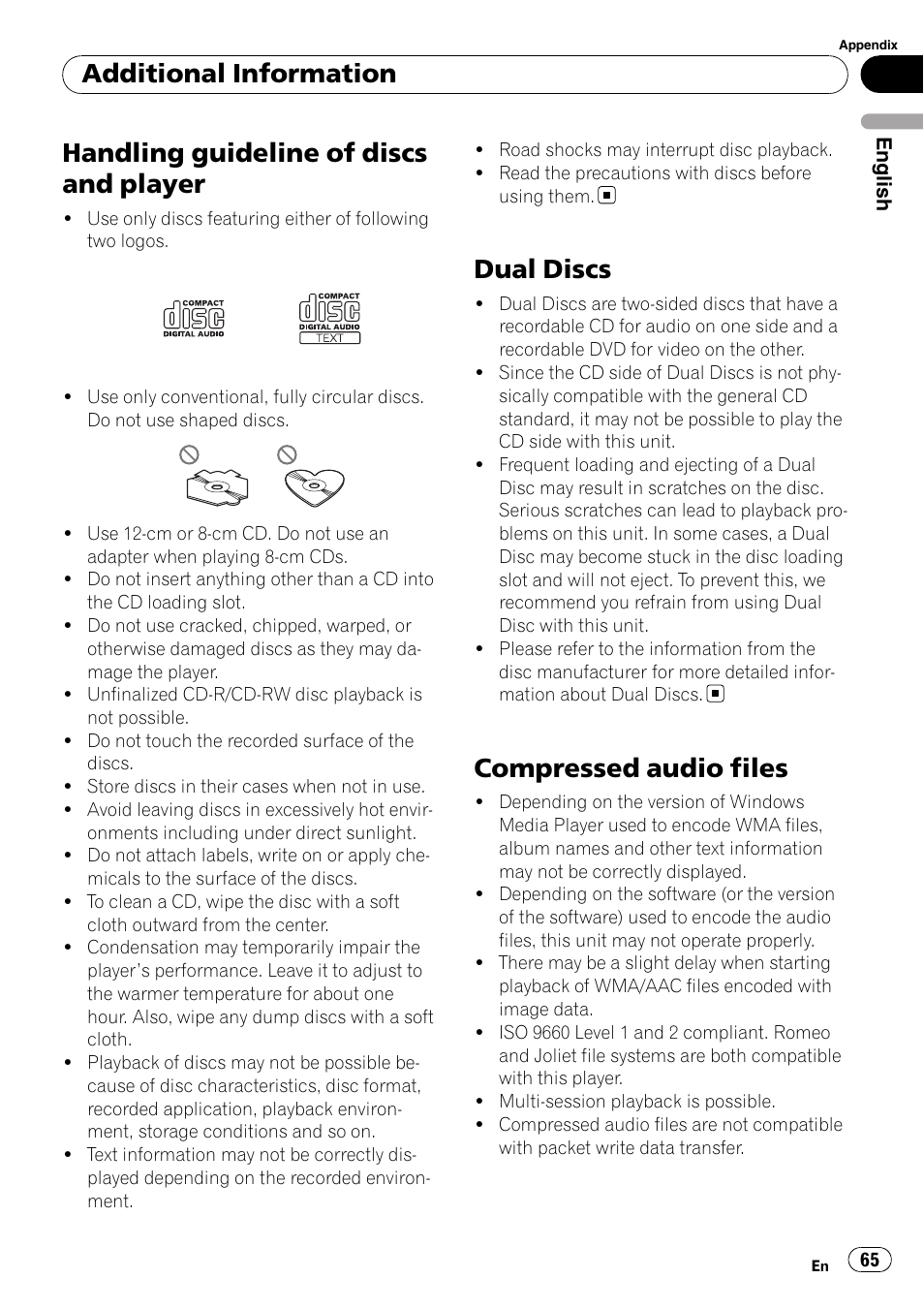 Handling guideline of discs and player, Dual discs, Compressed audio files | Additional information | Pioneer DEH-P85BT User Manual | Page 65 / 144