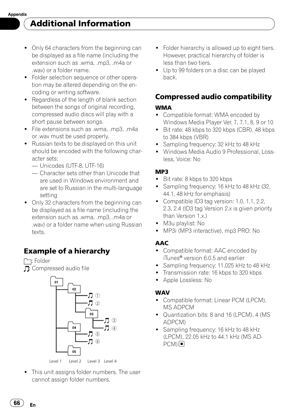 Example of a hierarchy 66, Compressed audio compatibility 66, Additional information | Example of a hierarchy, Compressed audio compatibility | Pioneer DEH-P85BT User Manual | Page 66 / 144
