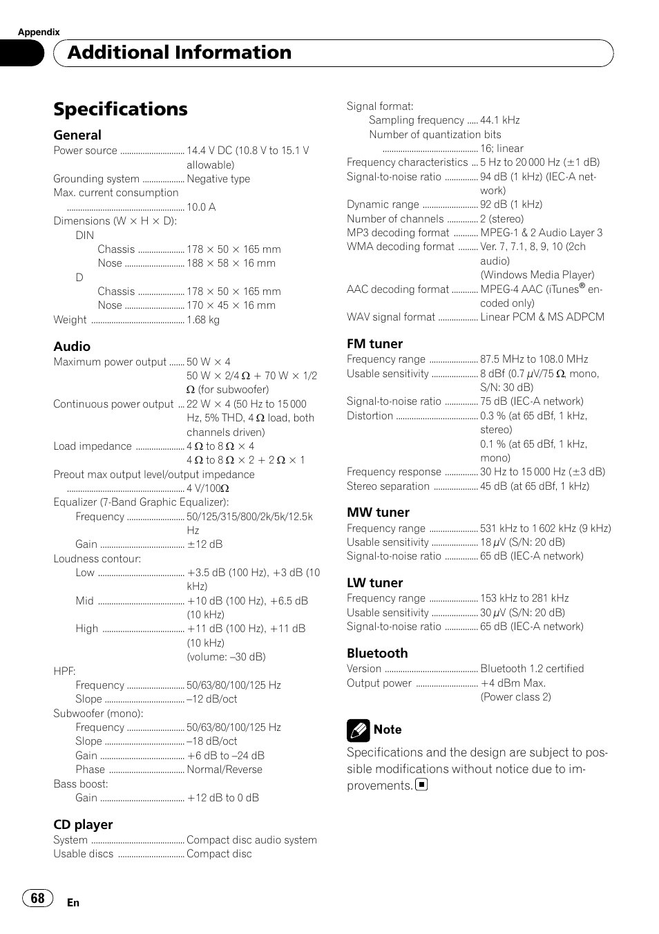 Specifications, Additional information | Pioneer DEH-P85BT User Manual | Page 68 / 144