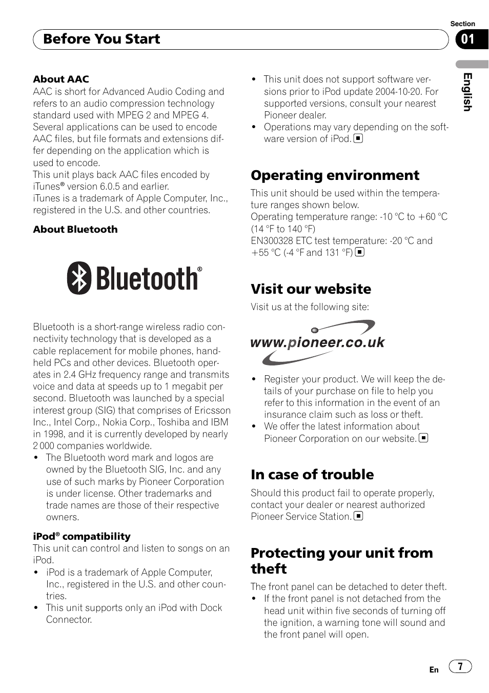 Operating environment, Visit our website, In case of trouble | Protecting your unit from theft, Before you start | Pioneer DEH-P85BT User Manual | Page 7 / 144