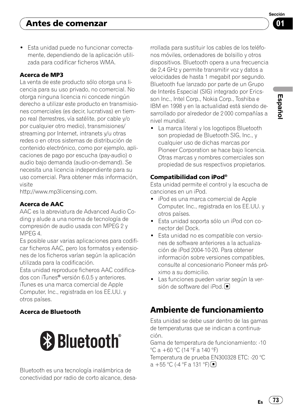 Ambiente de funcionamiento, Antes de comenzar | Pioneer DEH-P85BT User Manual | Page 73 / 144