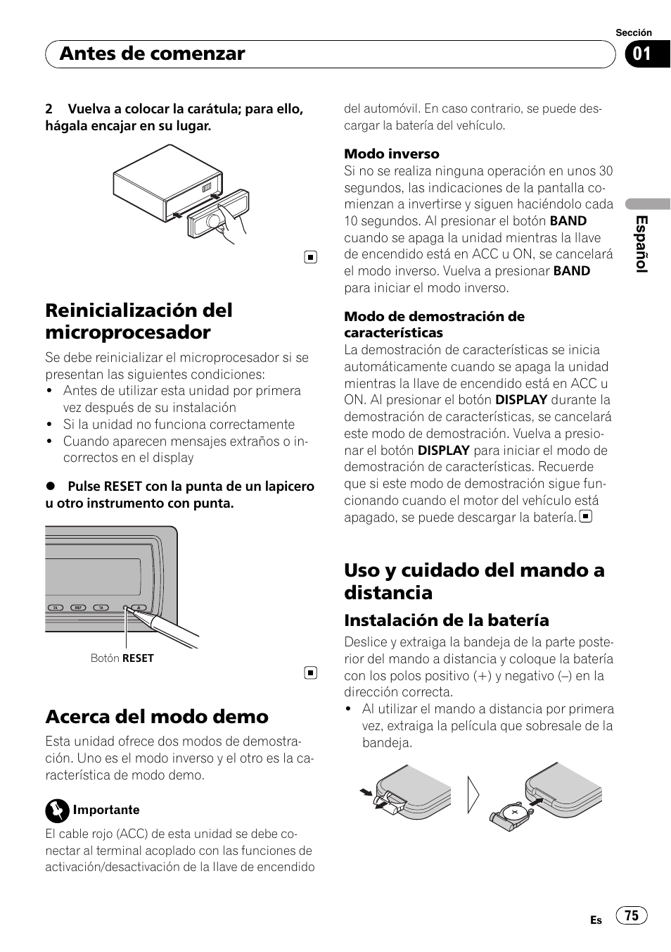 Reinicialización del microprocesador, Acerca del modo demo, Uso y cuidado del mando a distancia | Instalación de la batería 75, Antes de comenzar | Pioneer DEH-P85BT User Manual | Page 75 / 144