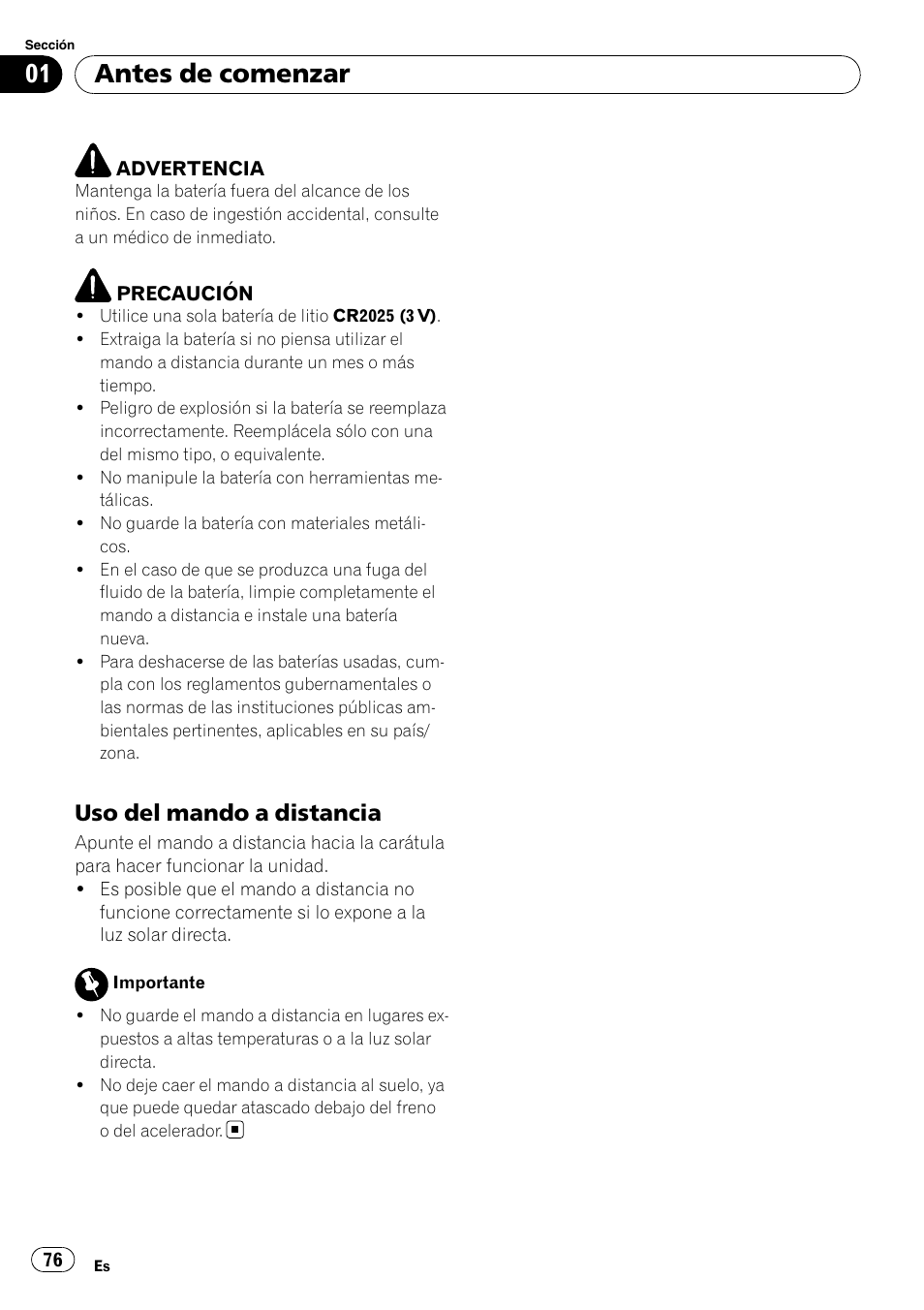 Uso del mando a distancia 76, Antes de comenzar, Uso del mando a distancia | Pioneer DEH-P85BT User Manual | Page 76 / 144