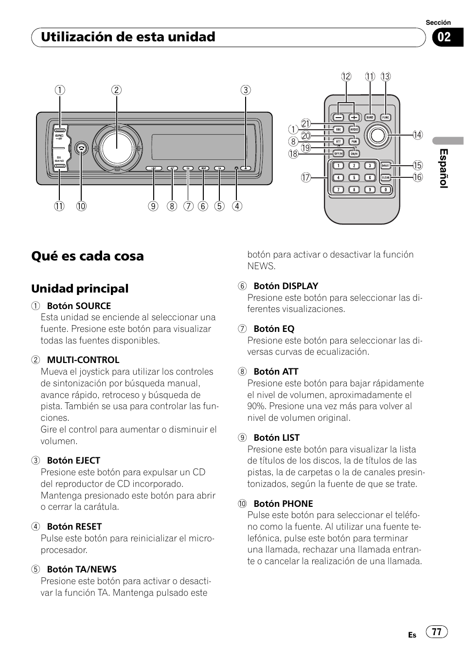 Utilización de esta unidad qué es cada cosa, Unidad principal 77, Qué es cada cosa | Utilización de esta unidad | Pioneer DEH-P85BT User Manual | Page 77 / 144