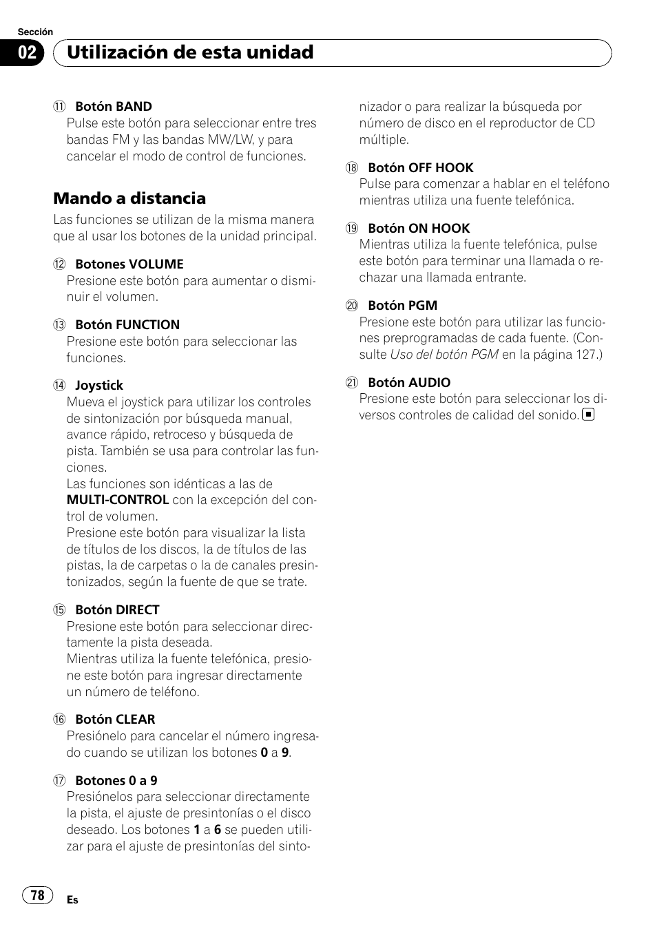 Mando a distancia 78, Utilización de esta unidad, Mando a distancia | Pioneer DEH-P85BT User Manual | Page 78 / 144