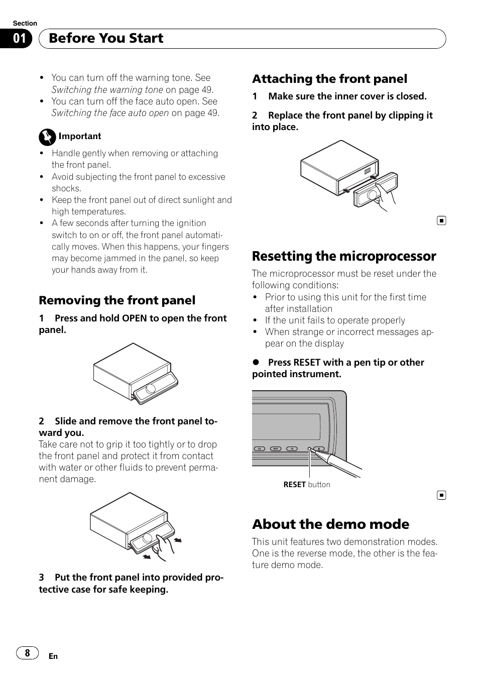 Removing the front panel 8, Attaching the front panel 8, Resetting the microprocessor | About the demo mode, Before you start, Removing the front panel, Attaching the front panel | Pioneer DEH-P85BT User Manual | Page 8 / 144