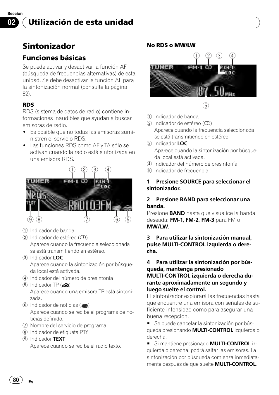 Sintonizador, Funciones básicas 80, Utilización de esta unidad | Funciones básicas | Pioneer DEH-P85BT User Manual | Page 80 / 144