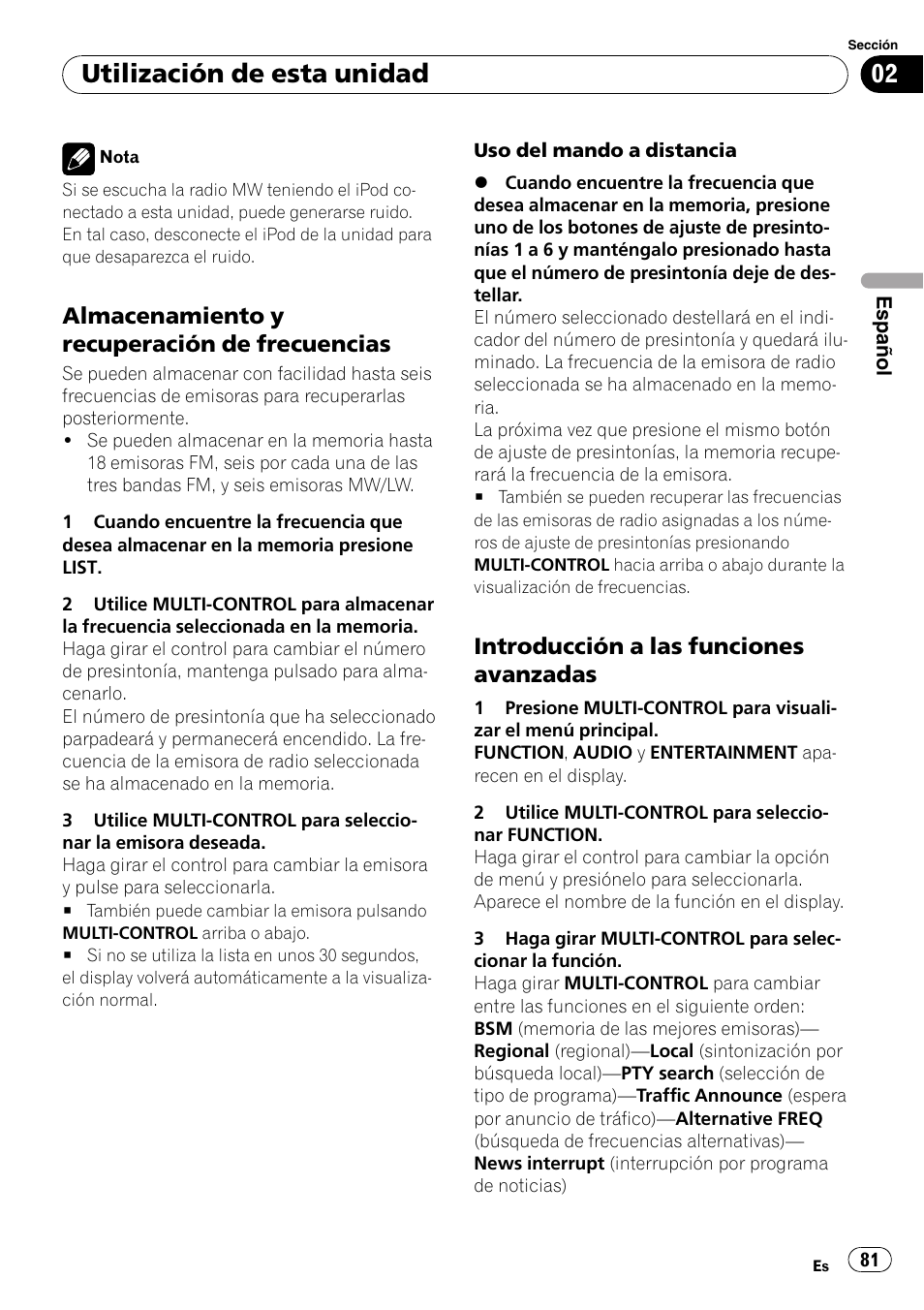 Almacenamiento y recuperación de, Frecuencias, Introducción a las funciones | Avanzadas, Utilización de esta unidad, Almacenamiento y recuperación de frecuencias, Introducción a las funciones avanzadas | Pioneer DEH-P85BT User Manual | Page 81 / 144