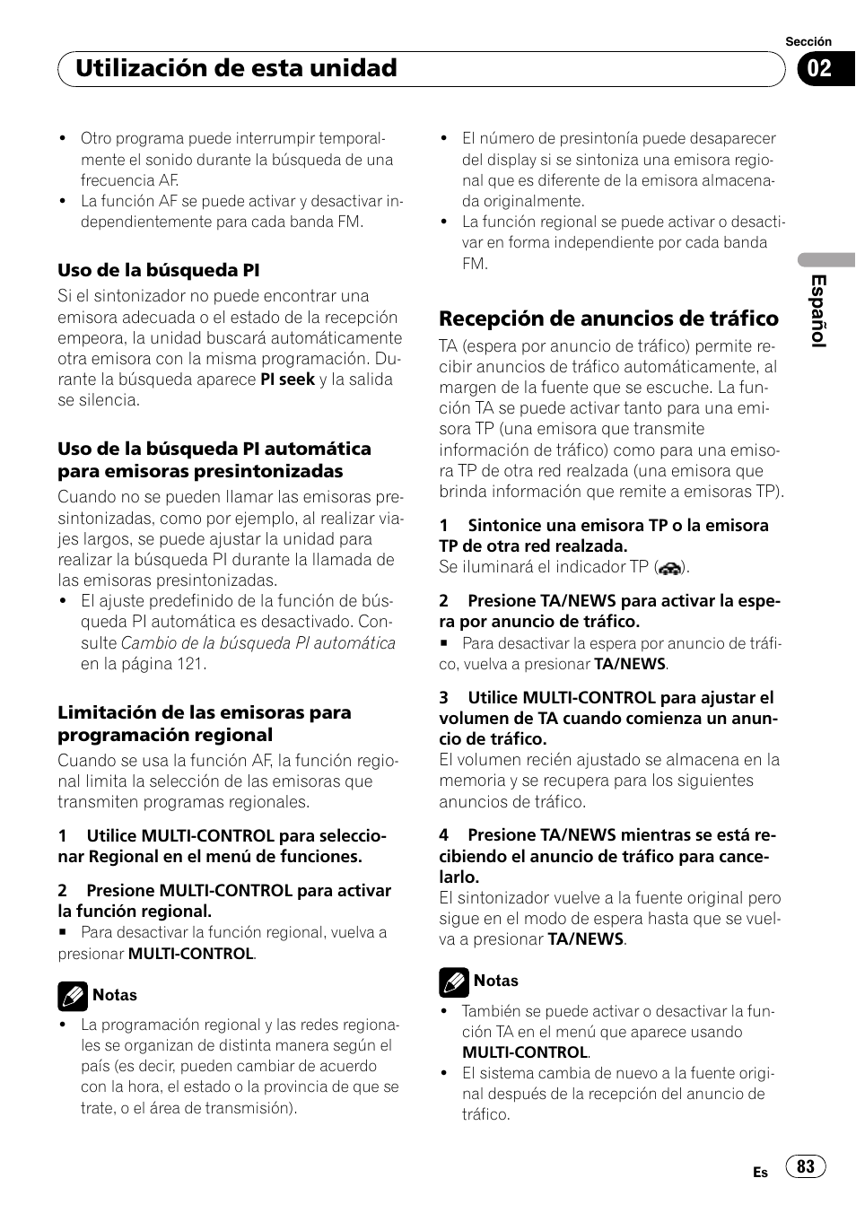 Recepción de anuncios de tráfico 83, Utilización de esta unidad, Recepción de anuncios de tráfico | Pioneer DEH-P85BT User Manual | Page 83 / 144